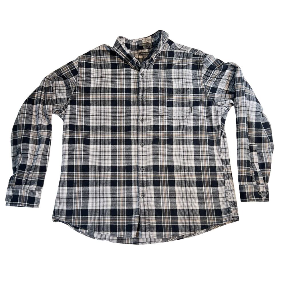 Eddie Bauer Button Shirt Men XL Classic Fit Flannel Black White Plaid 100 Cotton